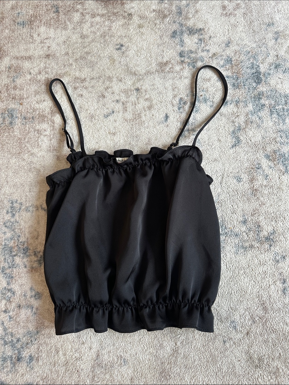 Black Ruffled Smocked Hem Spaghetti Strap Cami